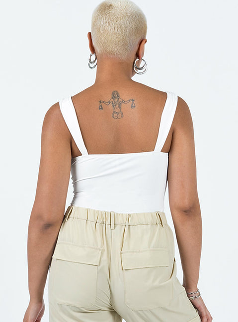 back view of model wearing Princess Polly Samuel Corset Bodysuit White Sleeveless Scoop Neck 