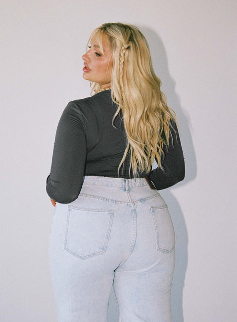 back view of model wearing Princess Polly Mallard Bodysuit Grey Curve Full Sleeves Scoop Neck 