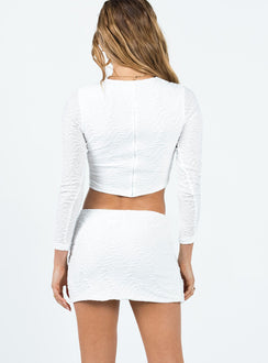 Matching set Textured material Long sleeve top Invisible zip fastening at back Mini skirt High leg slit