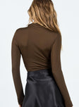 back view of model wearing Princess Polly Cetrone Long Sleeve Bodysuit Brown Full Sleeves High Neck 