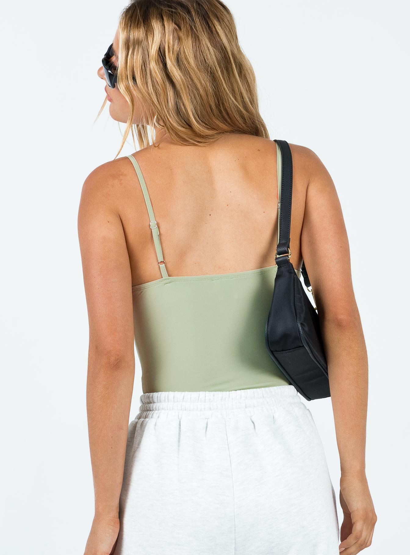 back view of model wearing Princess Polly Linden Bodysuit Khaki Sleeveless Sweetheart 