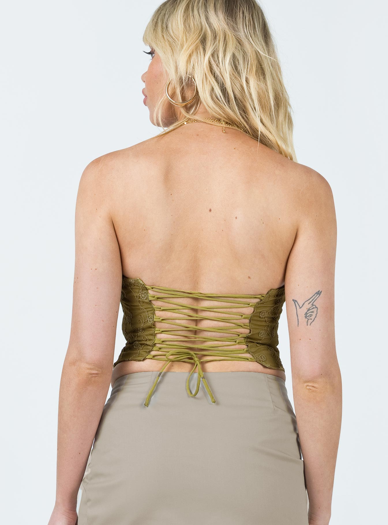 Front view of model wearing  front Princess Polly Full Sleeves Square Neck  Field Daisies Corset Green