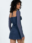 Front view of model wearing  front Princess Polly Square Neck  Dyer Sheer Sleeve Mini Dress Navy