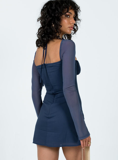 Front view of model wearing  front Princess Polly Square Neck  Dyer Sheer Sleeve Mini Dress Navy