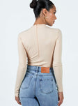 back view of model wearing Princess Polly Maleny Long Sleeve Bodysuit Beige Full Sleeves High Neck 