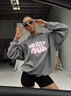 front view of model wearing Princess Polly Princess Polly Hooded Sweatshirt Bubble Text Charcoal / Light Pink Long 