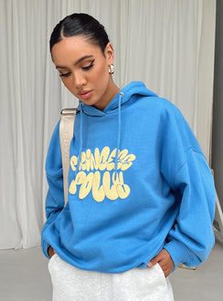 back view of model wearing Princess Polly Princess Polly Hooded Sweatshirt Bubble Text Blue / Yellow Long 