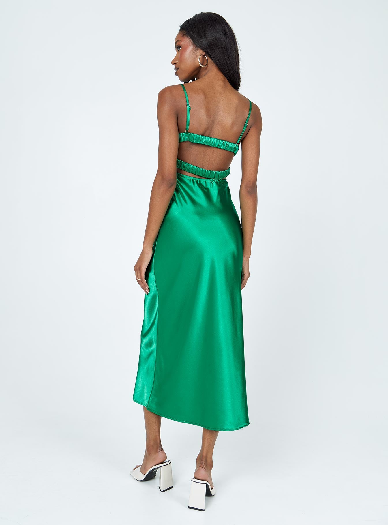 back view of model wearing Princess Polly Lillie Midi Dress Forest Green 