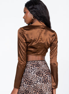 back view of model wearing Princess Polly Raelle Long Sleeve Top Brown 