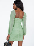 back view of model wearing Princess Polly Courtney Long Sleeve Mini Dress Green 