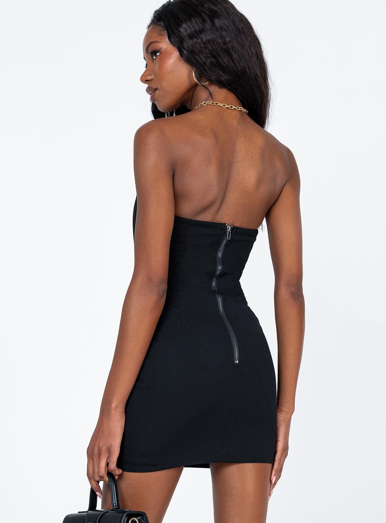 back view of model wearing Princess Polly Octavia Mini Dress Black 