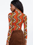 back view of model wearing Princess Polly Hammond Long Sleeve Top Brown Multi 