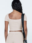 back view of model wearing Princess Polly Talden Top Beige Short Sleeves Square Neck 