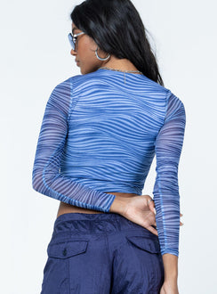back view of model wearing Princess Polly Knox Top Blue Full Sleeves Crew Neck 