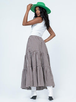 back view of model wearing Princess Polly Hale Midi Skirt Brown Maxi 