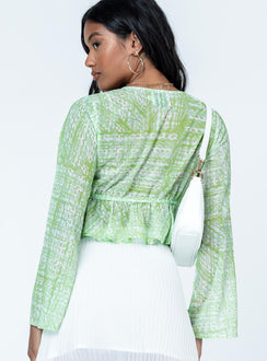 back view of model wearing Princess Polly Zenith Long Sleeve Top Green Full Sleeves Plunger 