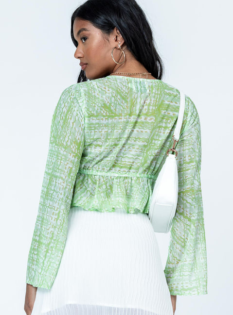 back view of model wearing Princess Polly Zenith Long Sleeve Top Green Full Sleeves Plunger 