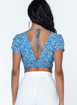 back view of model wearing Princess Polly The Sting Top Blue Short Sleeves V-Neck 