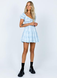 front view of model wearing Princess Polly Daniela Mini Dress Blue Check 