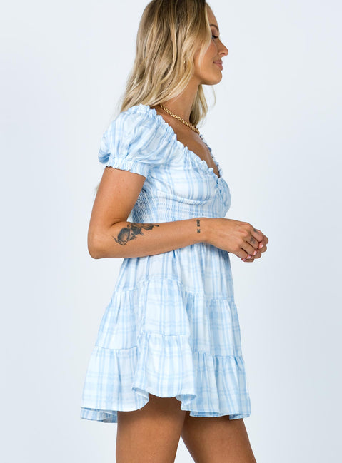 side view of model wearing Princess Polly Daniela Mini Dress Blue Check 