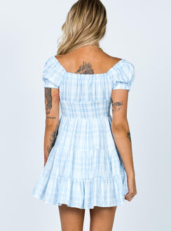 back view of model wearing Princess Polly Daniela Mini Dress Blue Check 