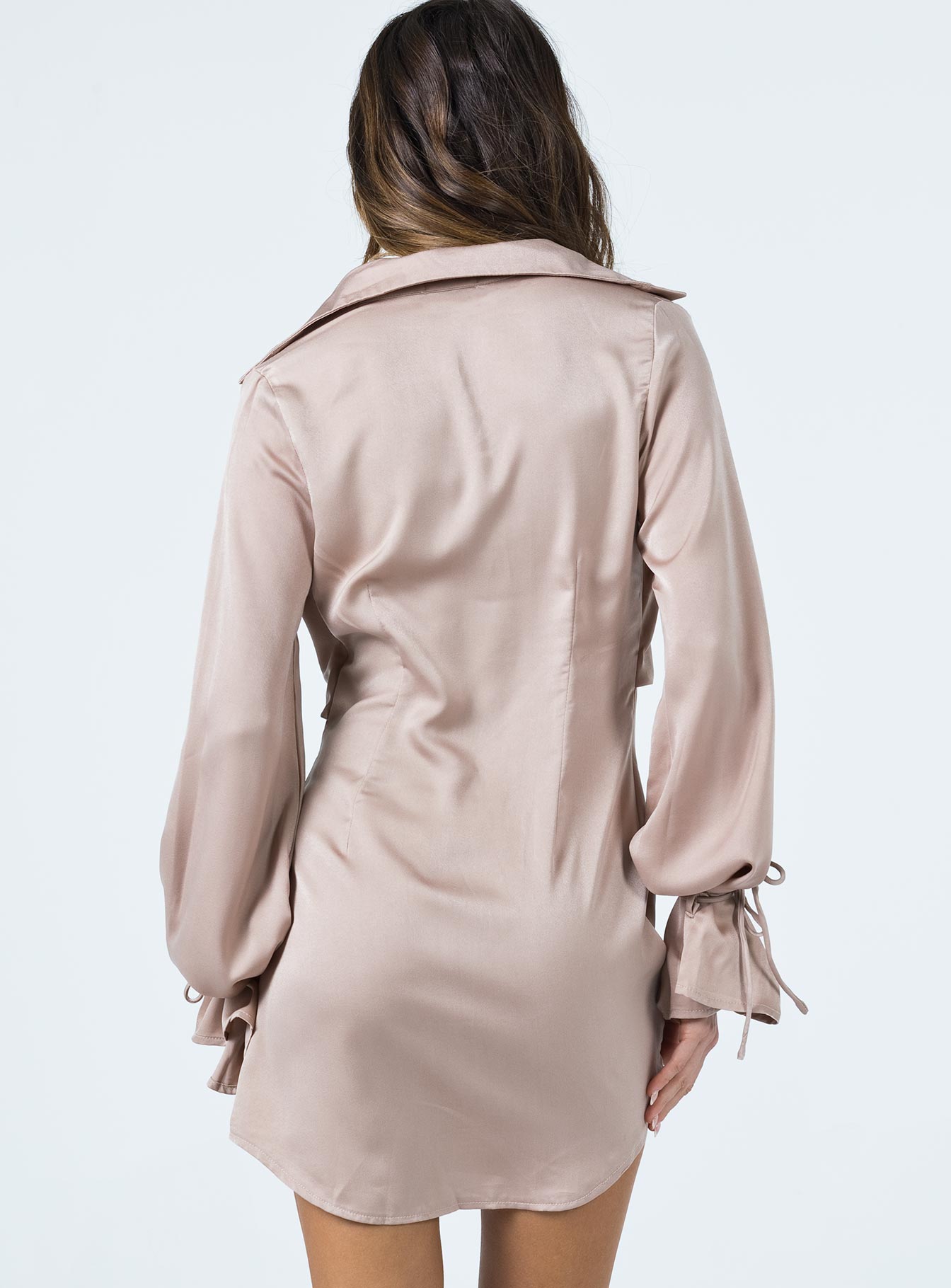 back view of model wearing Princess Polly Liberty Mini Dress Beige 