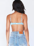 back view of model wearing Princess Polly Adelaide Bodysuit Blue Sleeveless Plunger 