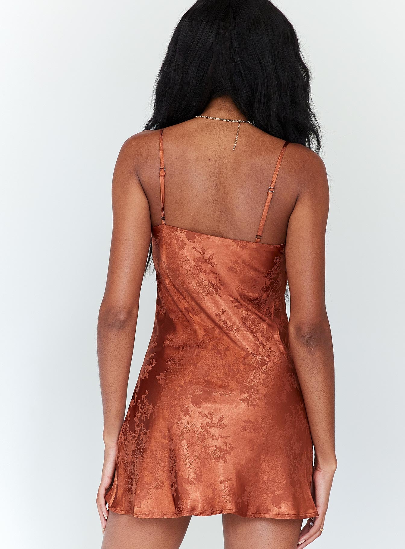back view of model wearing Princess Polly Norman Mini Dress Rust 