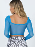 back view of model wearing Princess Polly Beverly Long Sleeve Top Blue 