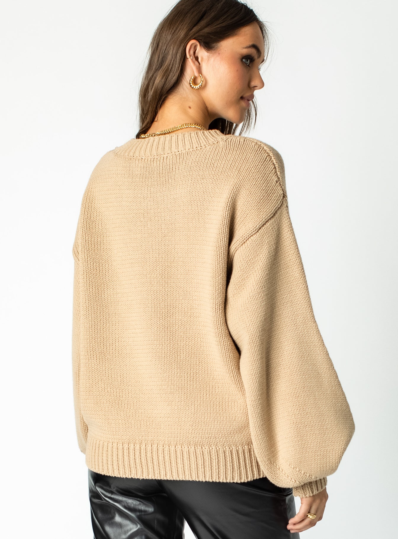 back view of model wearing Princess Polly Harmony Sweater Brown 