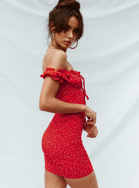 side view of model wearing Princess Polly Gracie Mini Dress Red Straight Neck 