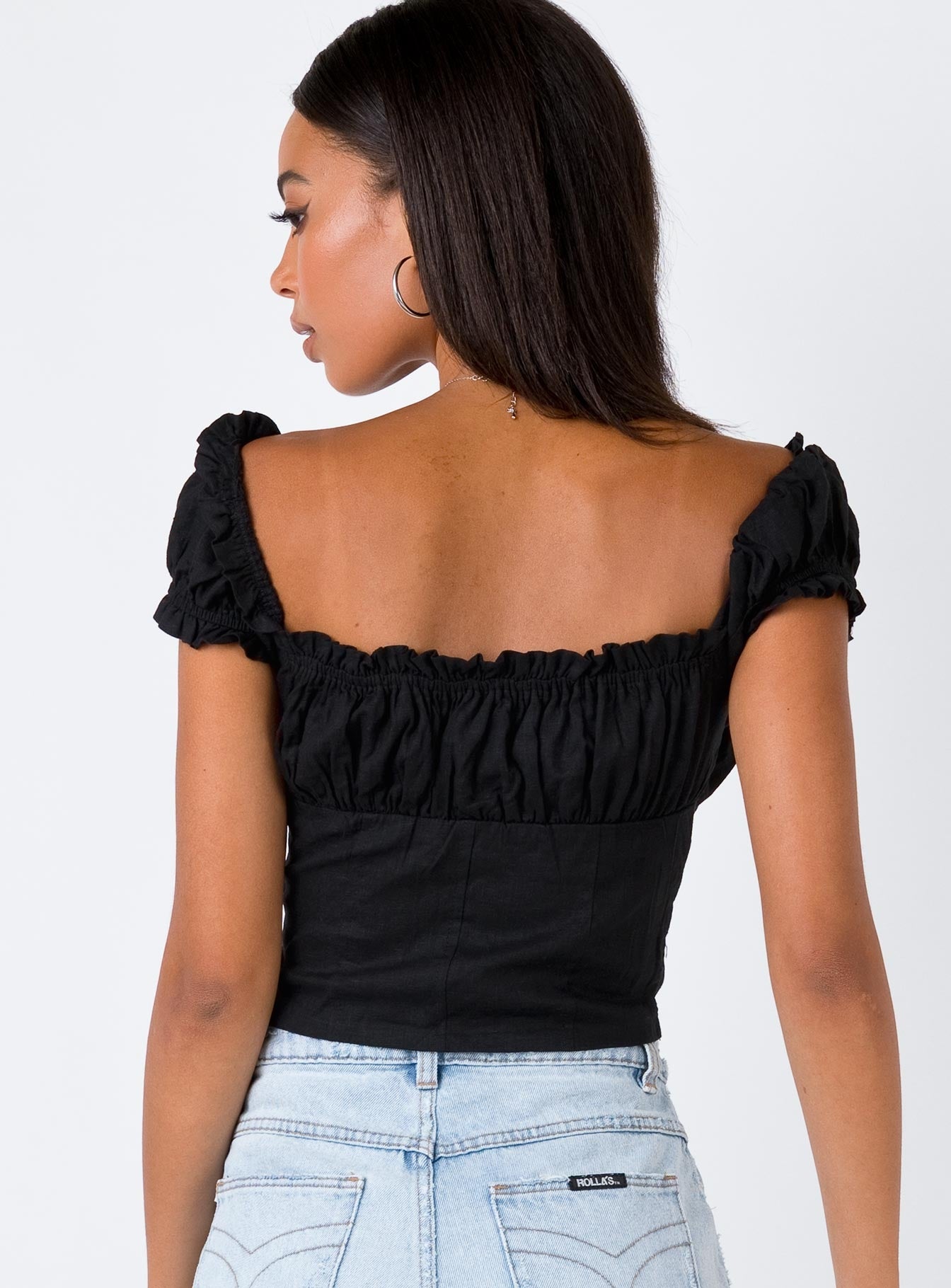 back view of model wearing Princess Polly Elouise Crop Top Black 