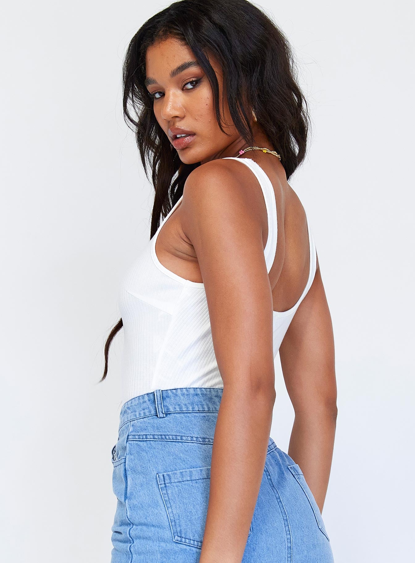 back view of model wearing Princess Polly Landen Bodysuit White Sleeveless Scoop Neck 