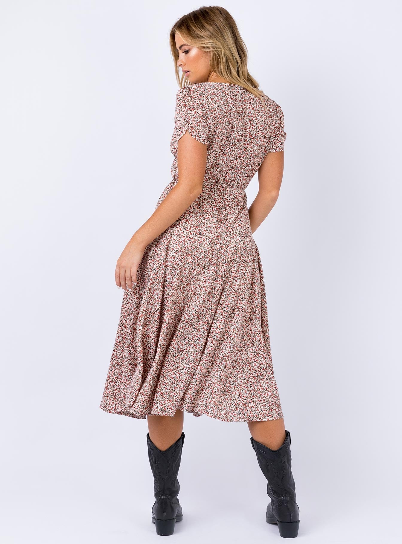 back view of model wearing Princess Polly Falleni Midi Dress Red/White 