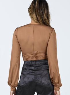 back view of model wearing Princess Polly Jude Long Sleeve Bodysuit Brown Full Sleeves Plunger 