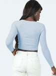 back view of model wearing Princess Polly Alima Long Sleeve Top Blue 