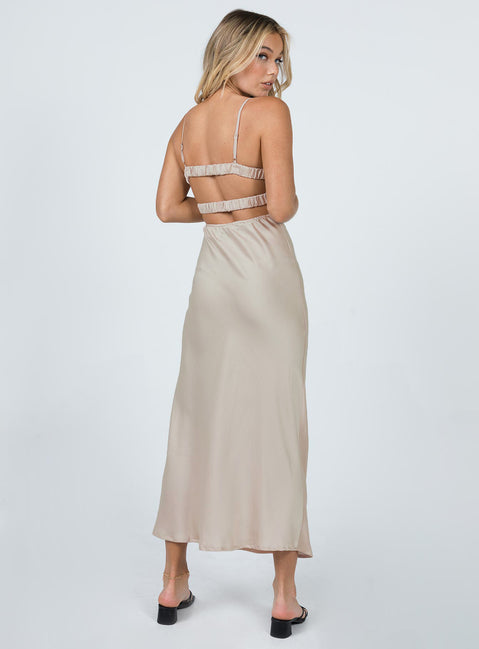 Front view of model wearing  front Princess Polly Square Neck  Lillie Midi Dress Beige