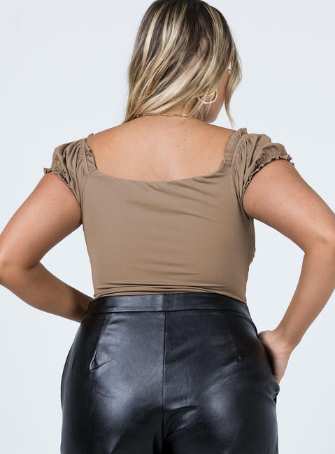 back view of model wearing Princess Polly Medina Bodysuit Brown Short Sleeves Plunger 