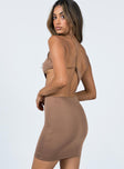 back view of model wearing Princess Polly Mia Asymmetrical Mini Dress Brown 