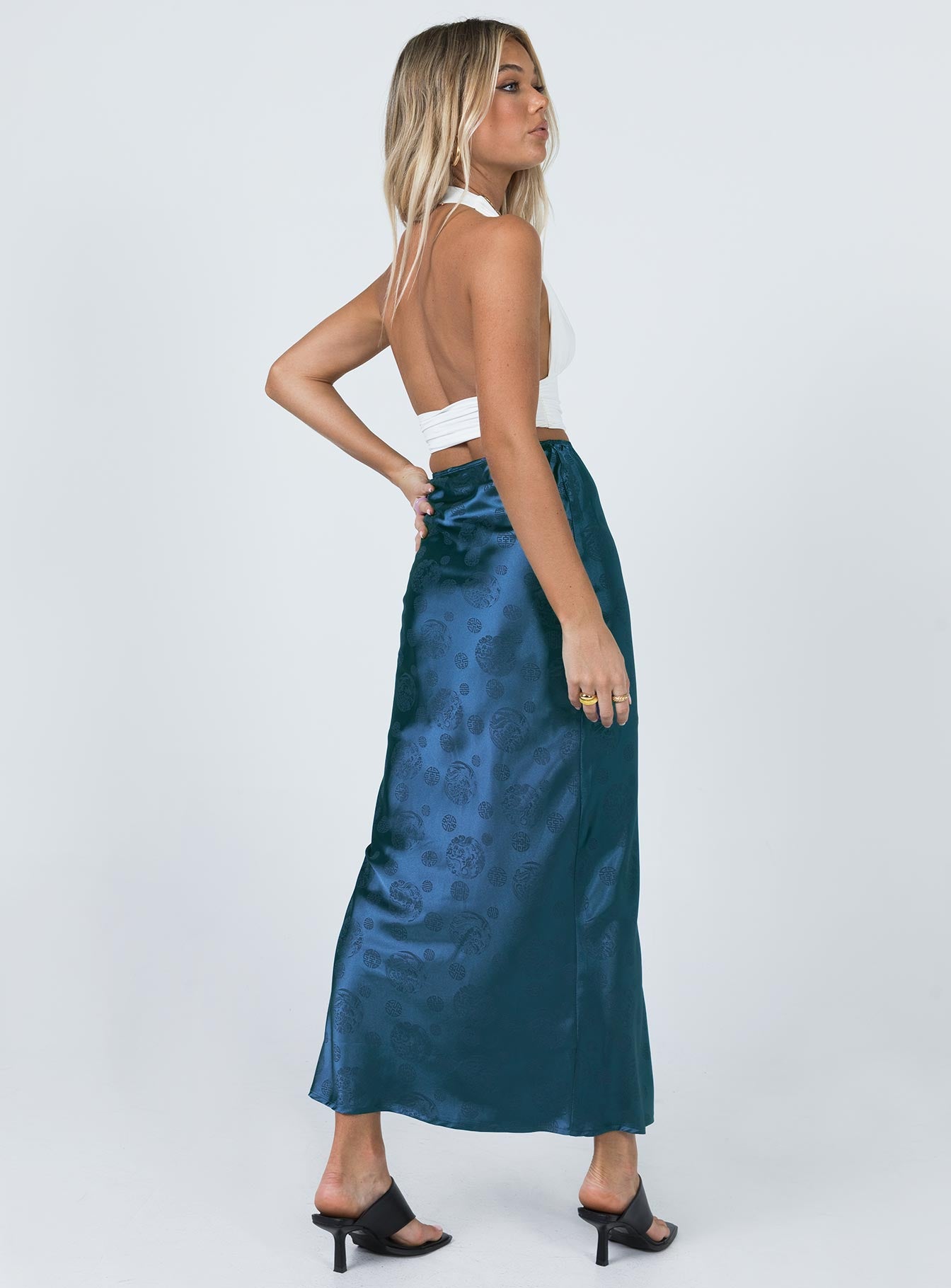 back view of model wearing Princess Polly Hailey Midi Skirt Blue 