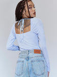 back view of model wearing Princess Polly Claire Bodysuit Blue Full Sleeves Asymmetric Neckline 