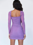 back view of model wearing Princess Polly Charvi Long Sleeve Mini Dress Purple 