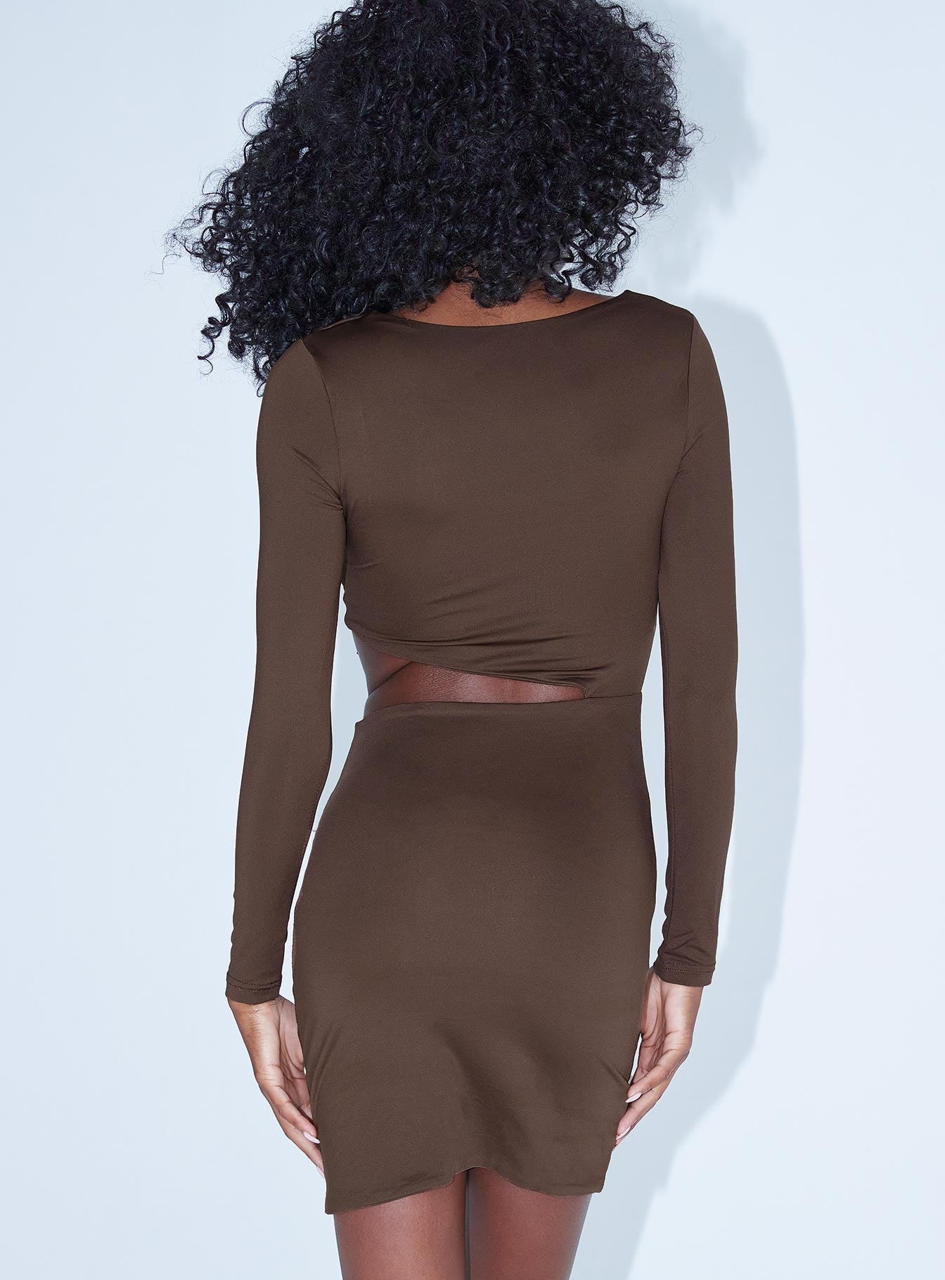 back view of model wearing Princess Polly Carla Mini Dress Brown 