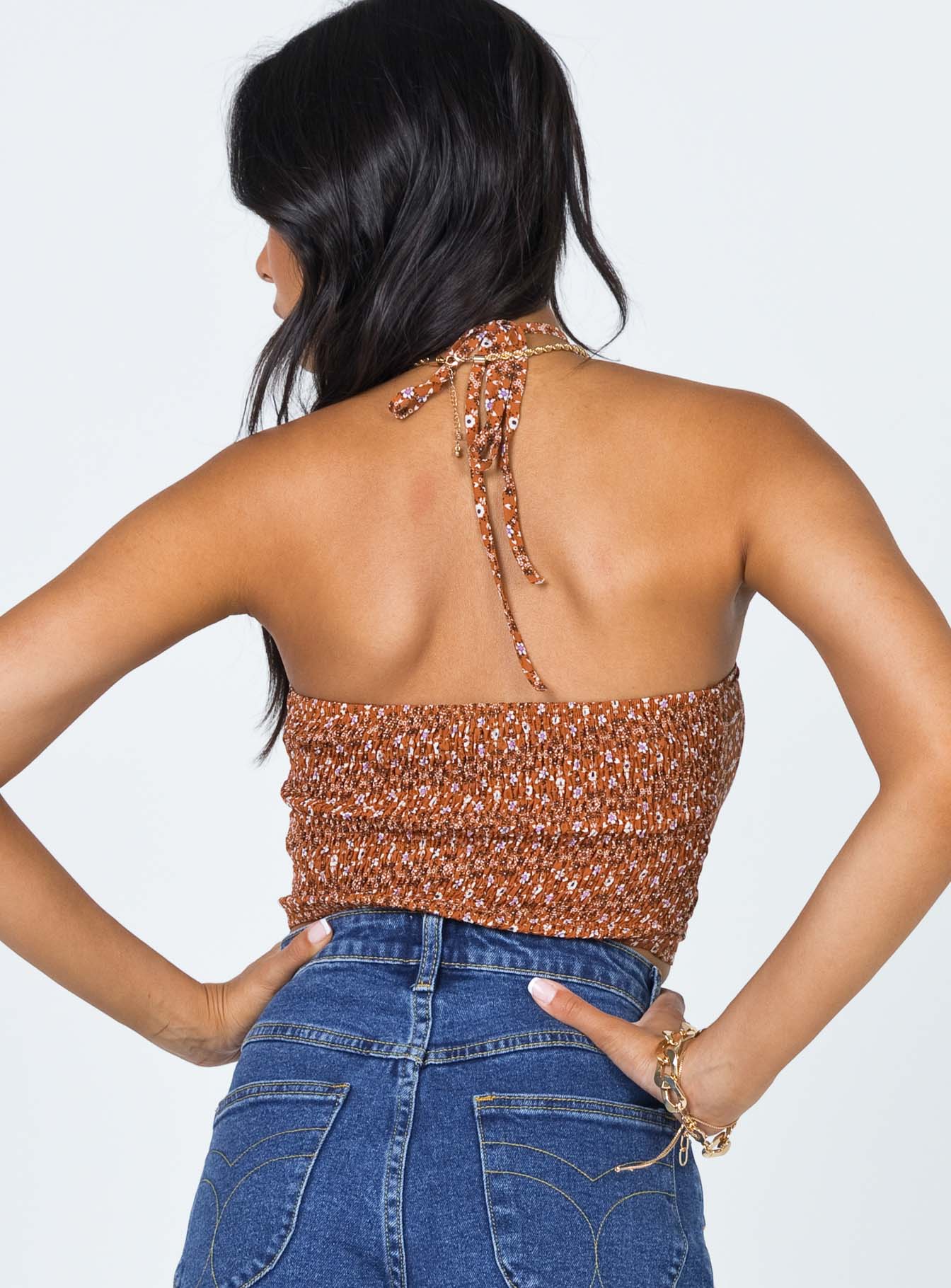 back view of model wearing Princess Polly Jeremih Top Tan 