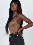 side view of model wearing Princess Polly Levey Bodysuit Brown Sleeveless Scoop Neck 