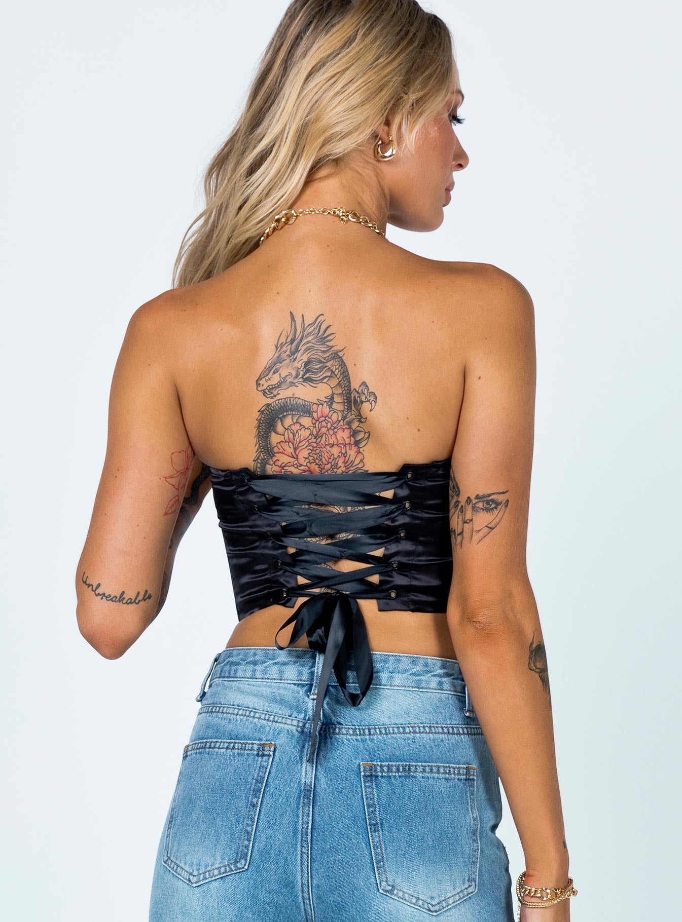 back view of model wearing Princess Polly Maya Corset Top Black 