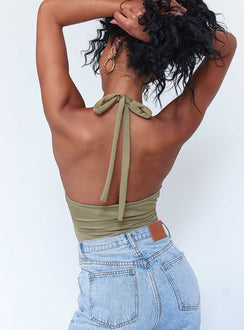 back view of model wearing Princess Polly London Bodysuit Khaki Sleeveless Plunger 