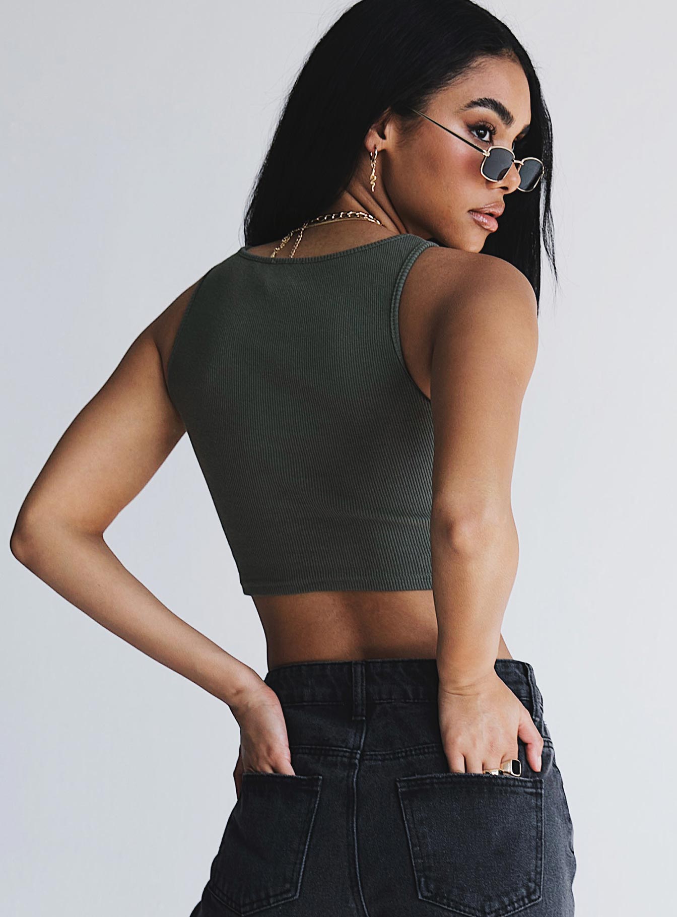 back view of model wearing Princess Polly Darlington Crop Top Khaki 