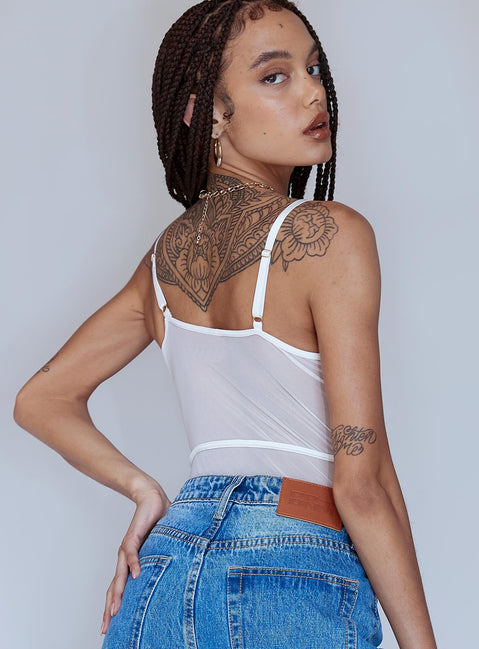 back view of model wearing Princess Polly Dabney Bodysuit White Sleeveless Sweetheart 
