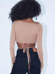 back view of model wearing Princess Polly Kamala Long Sleeve Top Brown 